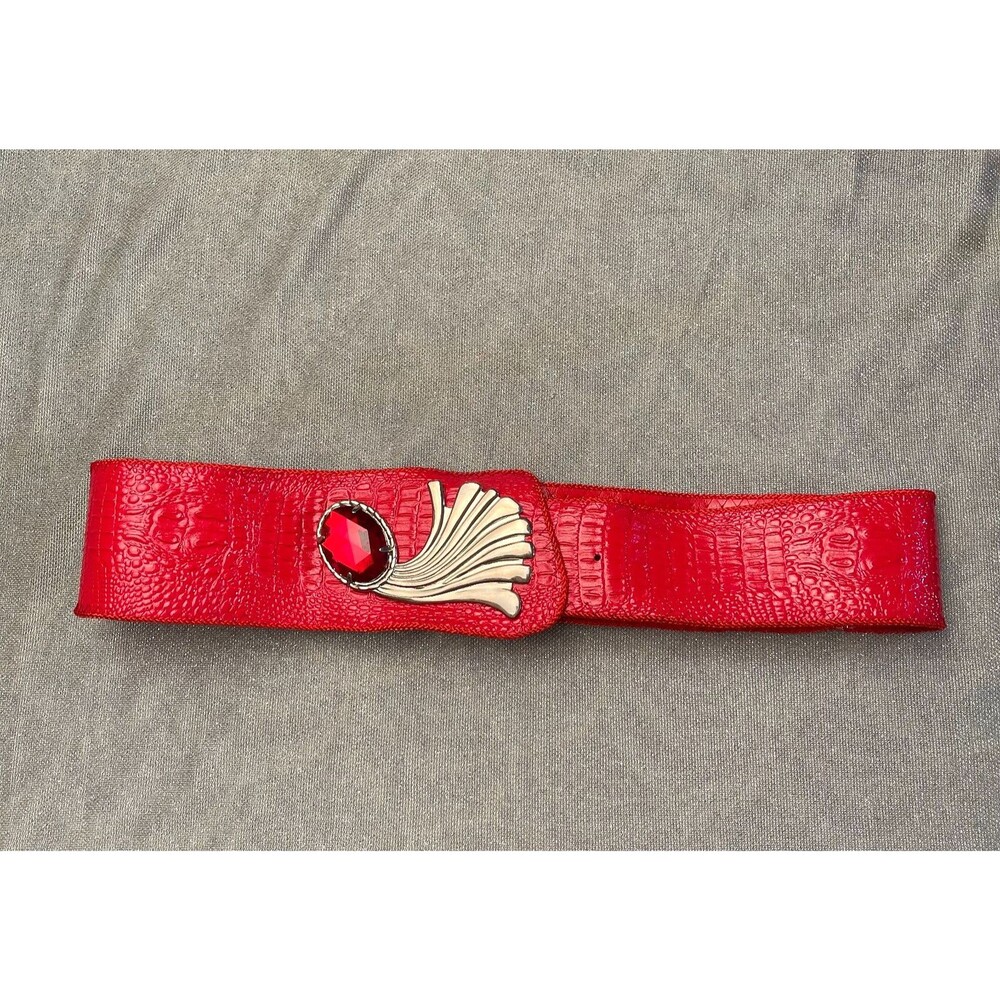 Vintage 80s Red Wide Waist Belt Size L/XL Faux Crocadile Jeweled Statement  Glam